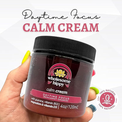 WHOLESOME HIPPY Daytime Focus Calm Cream – Energizing Body Butter with Magnesium, Vitamin B12, Guarana & Bergamot Orange – Moisturizing Wellness Cream for Daily Clarity – 4oz
