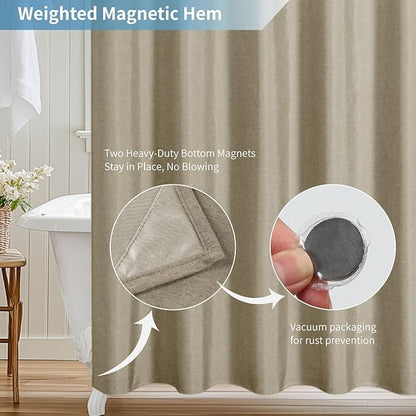 2-in-1 Waterproof Extra Long Fabric Shower Curtain or Liner,Linen Textured,84 Inch Breathable TPU & Washable Bathroom Shower Curtain Set with 12 Plastic Hooks,Modern,72"x84" Khaki