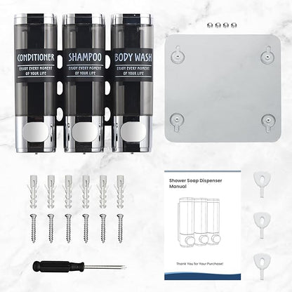 Shampoo and Conditioner Dispenser,GlintGath Shower Dispenser 3 Chamber No Drill Shampoo Dispenser for Shower Wall Mounted Shower Soap Dispenser for Bathroom Hotel,3 * 300ML,Chrome