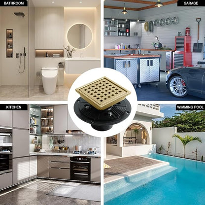 4 Inch Square Shower Drain, 304 Stainless Steel Shower Floor Drain Kit with Flange, Removable Grid Cover Hair Strainer, Golden Brushed Nickel for Bathroom, Garage, Laundry Room