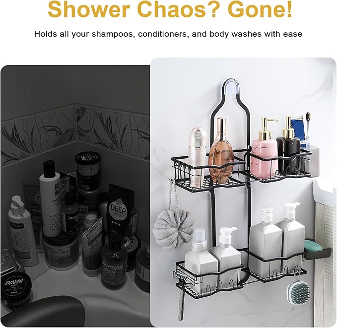 Shower Caddy Hanging Organizer, Rustproof Over Shower Head Caddy Holder with Hooks for Razor/Sponge, No Drilling Bathroom Racks Bath Storage Shelves for Shampoo Soap Towels, Black