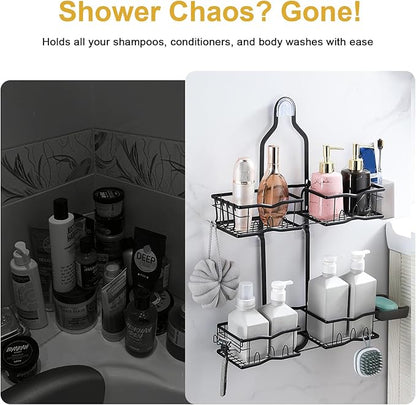 Shower Caddy Hanging Organizer, Rustproof Over Shower Head Caddy Holder with Hooks for Razor/Sponge, No Drilling Bathroom Racks Bath Storage Shelves for Shampoo Soap Towels, Black