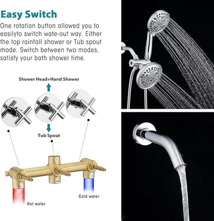 PROOX 3 Handle Tub Shower Faucet Set, Dual shower head Combo with Tub and Shower Trim Kit with Rough-in Valve, Polished Chrome Bathtub Shower Faucets, Wall Mounted Bathroom Rain Shower System