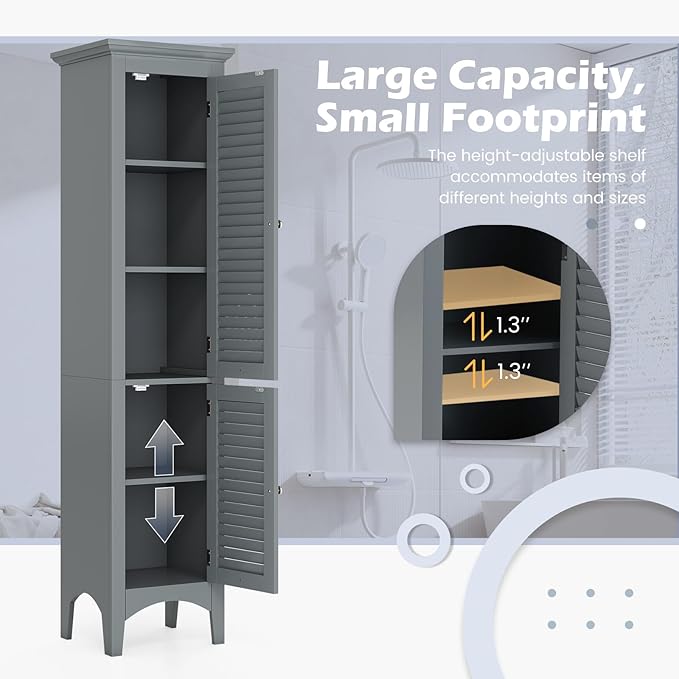 Tangkula 63" Tall Bathroom Storage Cabinet, Freestanding Narrow Linen Tower with Adjustable Shelf, Modern Slim Floor Cabinet with 2 Doors for Bathroom, Living Room, Kitchen (Grey)