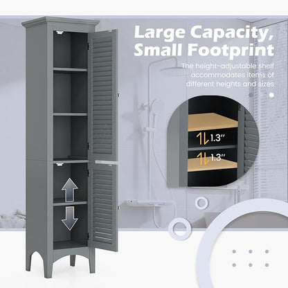 Tangkula 63" Tall Bathroom Storage Cabinet, Freestanding Narrow Linen Tower with Adjustable Shelf, Modern Slim Floor Cabinet with 2 Doors for Bathroom, Living Room, Kitchen (Grey)