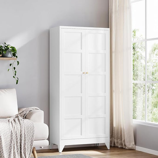 Yizosh Metal Storage Cabinet with 2 Doors and 4 Adjustable Shelves,- 71" White Kitchen Pantry Storage Cabinet for Kitchen,Dining Room,Living Room