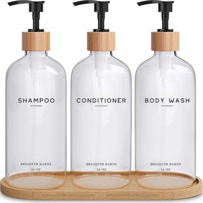 Clear Shampoo and Conditioner Dispenser Set by Brighter Barns - Refillable Plastic Shower Dispenser for Bathroom - Shampoo Bottles & Tray - Modern Bathroom Accessory for Hotel, Vacation Rental (Clear)