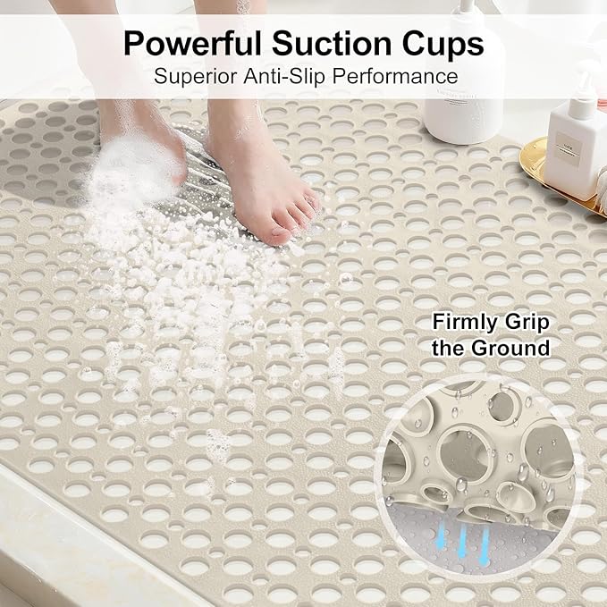 Anti Slip Shower Mat with Suction Cups,31.5x47.2 Inch Quick Drain TPE Non Slip Shower Mats for Inside Shower,Large Bath Mat for Shower Soft on Feet, Easy to Dry&Cut Machine Washable