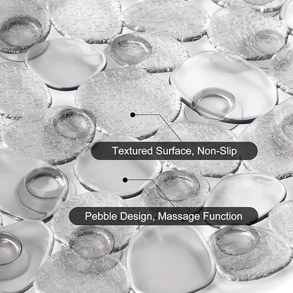 WELTRXE Pebbles Bathtub Mat Non Slip Oval Shower Mat with Suction Cups, Drain Holes, 27 x 14 Inch Plastic Bathroom Tub Mats Machine Washable, BPA, Latex Free Safety Mat for Bath Tub, Clear Gray