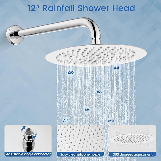 Airuida Shower Fixtures 2 Functions Shower Faucet Set Wall Mounted for Bathroom High Pressure Brass Handheld Shower with Rough-in Valve Round Rainfall 12 Inch Shower Head Chrome Polish