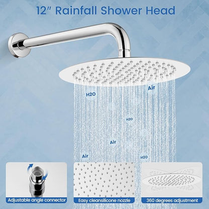 Airuida Shower Fixtures 2 Functions Shower Faucet Set Wall Mounted for Bathroom High Pressure Brass Handheld Shower with Rough-in Valve Round Rainfall 12 Inch Shower Head Chrome Polish