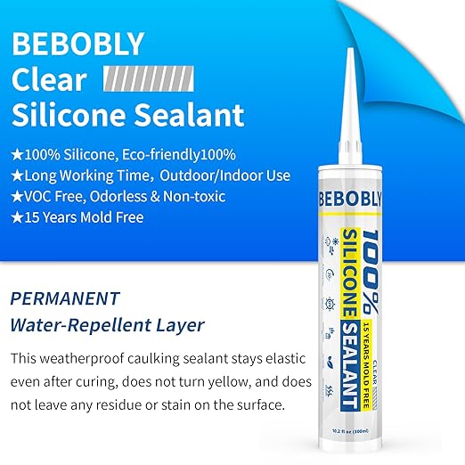 Silicone Caulk & Sealant Clear, 100% Waterproof Silicone Sealant, Shrink & Crack Proof, Silicone Caulking for Kitchen, Bathroom, RV, Interior & Exterior Use, 10.2 FL. OZ/300ML, 4 Pack