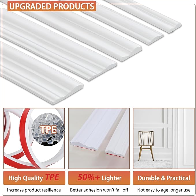 Peel and Stick Chair Rail Panel Molding, 240''L x 0.9''W Strong Self Adhesive TPE Wall Moulding Trim for Home DIY Decoration (Paintable White)