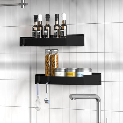 Shower Caddy Adhesive, 2 Pack Large Capacity Rustproof Shower Shelves, No Drill Bathroom Shelf with 8 Hooks, Stainless Steel Shower Organizer Rack, Black