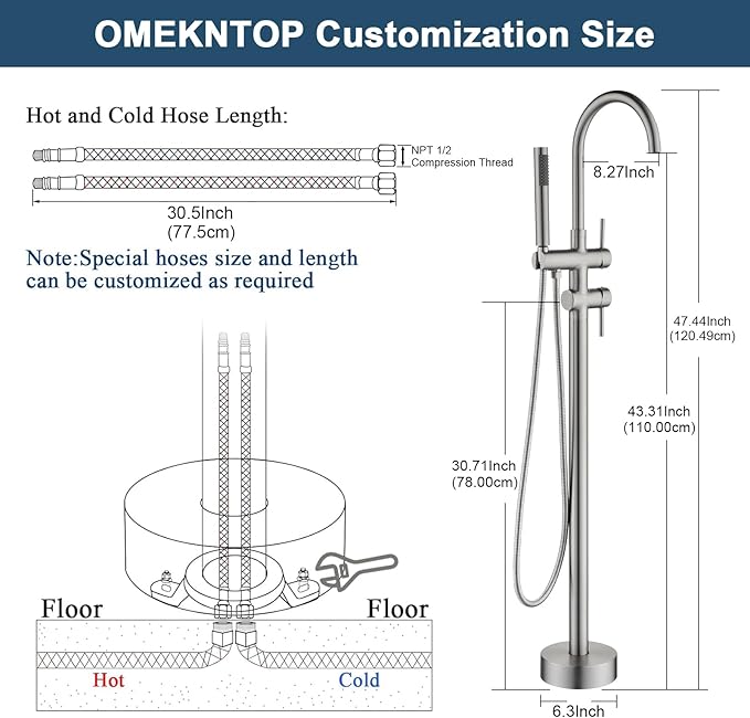 Freestanding Bathtub Faucet Floor Mount Tub Filler Brush Nickel, OMEKNTOP Modern Freestanding Tub Faucet with 360 Swivel Gooseneck Spout and Handheld Shower, Standing Tub Faucet for Bathroom