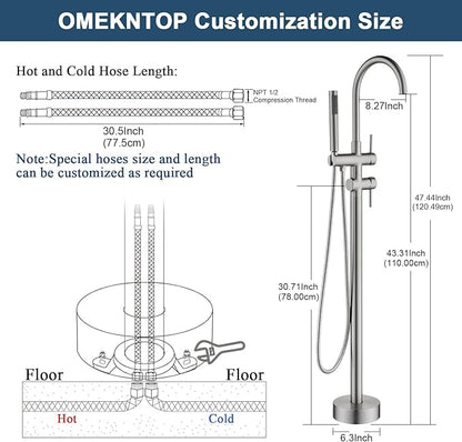Freestanding Bathtub Faucet Floor Mount Tub Filler Brush Nickel, OMEKNTOP Modern Freestanding Tub Faucet with 360 Swivel Gooseneck Spout and Handheld Shower, Standing Tub Faucet for Bathroom
