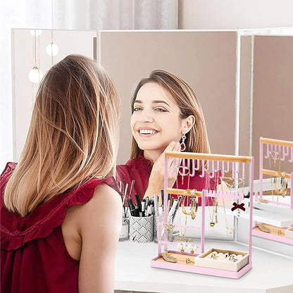DreamGenius Jewelry Organizer Stand with Velvet Ring Holder, 4 Tier Jewelry Holder Organizer with 15 Hooks for Necklaces and 16 Holes for Earrings, Pink