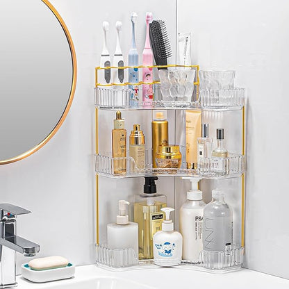 Upgraded 3-Tier Corner Bathroom Countertop Organizer – Spacious Storage for Makeup, Skincare & Perfumes, Built-in Brush Holder Fits Vanity/Dresser/Bsthtub (Classic White)