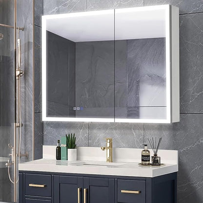 GroGro LED Lighted Bathroom Medicine Cabinet with Mirror,40" W x 30" H Medicine Cabinet with Lights,Surface or Recessed Mounting,Defog,Dimming,3-Color Temperature Adjustment