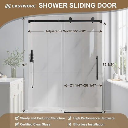 Frameless Glass Shower Door, 55-60" W x 76" H Sliding Frameless Shower Door, 1/4''(6mm) SGCC Tempered Glass, Explosion-Proof Film Nano Coating, Stainless Steel Hardware, Matte Black