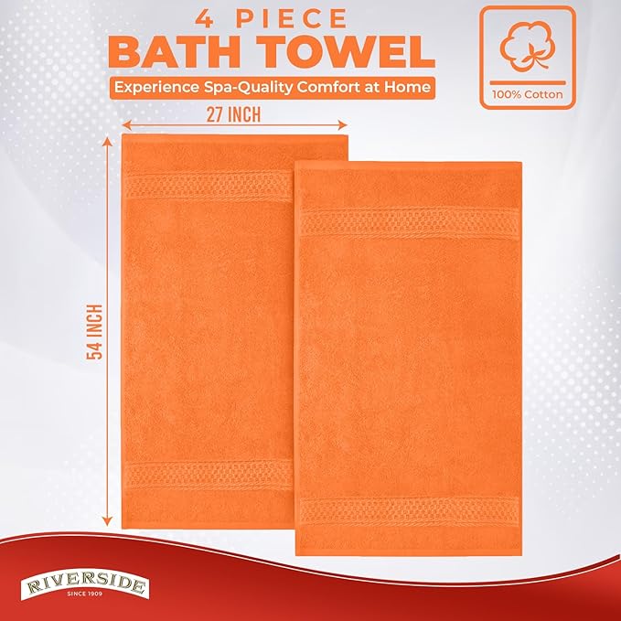 RIVERSIDE 100% Ring Spun Cotton Large Bath Towels Set of 4, 27 x 54 Inches – Quick Dry, Soft & Highly Absorbent Towels for Shower & Bathroom – Luxury 600 GSM Towels for Home, Spa, Gym, Hotel, Orange