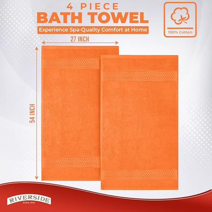 RIVERSIDE 100% Ring Spun Cotton Large Bath Towels Set of 4, 27 x 54 Inches – Quick Dry, Soft & Highly Absorbent Towels for Shower & Bathroom – Luxury 600 GSM Towels for Home, Spa, Gym, Hotel, Orange