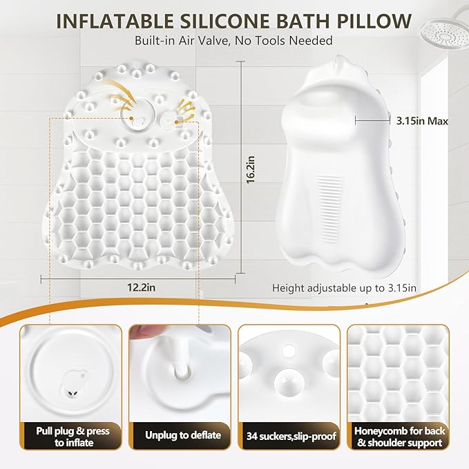 Silicone Bath Pillows for Tub - Adjustable Firmness Bathtub Pillow for Offering Perfect Head Neck & Back Support, Bath Pillow Cushion for Epsom Salt Soaking – Spa Gifts for Women & Parents, White