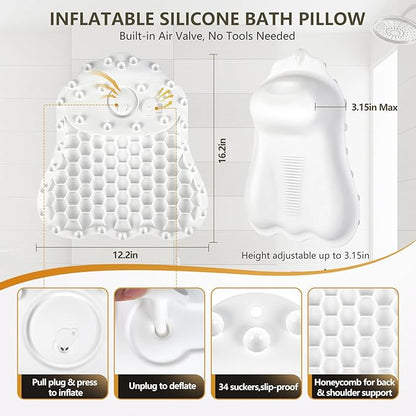 Silicone Bath Pillows for Tub - Adjustable Firmness Bathtub Pillow for Offering Perfect Head Neck & Back Support, Bath Pillow Cushion for Epsom Salt Soaking – Spa Gifts for Women & Parents, White