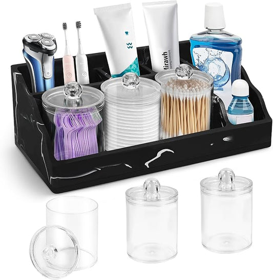 Marble Bathroom Countertop Organizer, Black Toothbrush Holders for Bathrooms Counter Organizer with 3PCS Qtip Dispenser, Toothbrush and Toothpaste Holder for Bathroom Organization Vanity Storage
