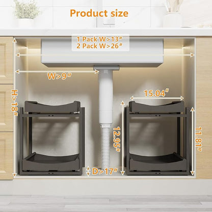 Bamboo Under Sink Organizer Adjustable Height 2 Tier Bathroom Organizer Pull Out Cabinet Storage Kitchen Heave Duty Wood Slide Ou Shelf for Kitchen Bathroom (Black, 2 Packs)