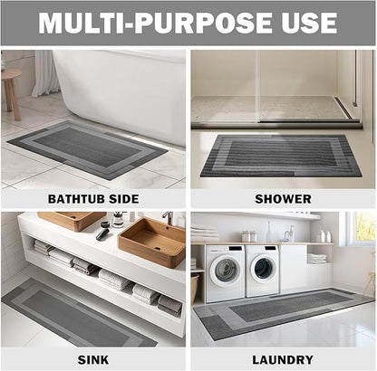 Non Slip Bath Mat, Rubber Backing Ultra Thin Bathroom Rugs Fit Under Door Quick Dry Super Absorbent Washable Bath Rug Shower Mat for Bathroom Floor Bathtub Sink, Easy Care Dark Grey 16"x24"