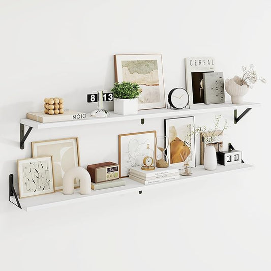 Dreamland 8 inch Deep Floating Shelves for Wall, 55W x 8D Wall Mounted Shelves Set of 2, Wide Display Ledge Shelf with Sturdy Metal Brackets for Living Room, Bathroom, Bedroom and Kitchen, White