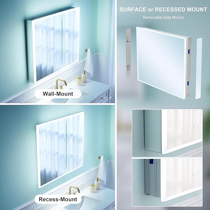WELLFOR 36" X 30" Medicine Cabinet with Lights, 3X Magnification, Anti-Fog Mirrored Cabinet, Double Doors with Mirror, Bathroom Vanity Medicine Cabinet with Outlets & USB Ports