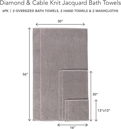 Texere 100% Organic Cotton Diamond Jacquard 700 GSM Luxury Bath Towel Sets - 2 Ultra Soft, Large Bath Towels, 2 Hand Towels, 2 Washcloths (Diamond, Cathedral Gray, 6 Piece)