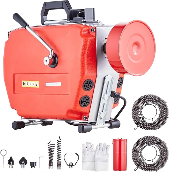 VEVOR 120FT x 7/8 Inch Drain Cleaner Machine, 420W Electric Sewer Snake Auger Manual Feed - with 6 Cutters, 2 Steel Cables (120' x 7/8" and 18' x 3/8") & CW/CCW Control for 1.9" to 6" Pipes
