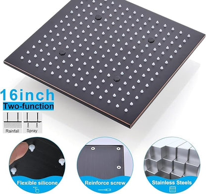 Ceiling Rain Shower System(All Functions Can Run Together)with on-off Full Body Jets, Oil Rubbed Bronze Thermostatic Shower System with 16 Inch Rain & Fog Overhead Shower & Handheld Spray Kit