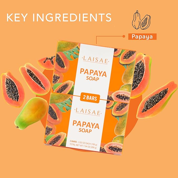 Papaya Exfoliating Soap, Hydrating Face Moisturizer with Niacinamide, Shea Butter and Aloe Vera, Even Skin Tone Body Cleansing Bar - Sensitive Skin Soap, Vegan, 3.52 oz (2 Bars)