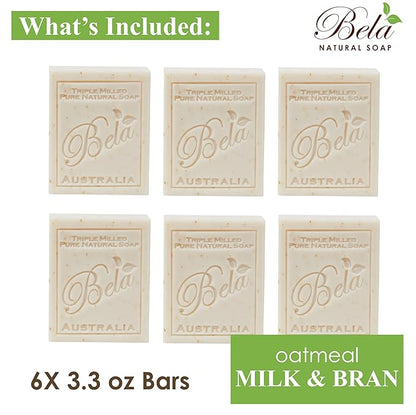 BELA Oatmeal Soap with Milk and Bran 3.3 OZ, Pack of 6, Long Lasting French Triple Milled Bar Soap with Organic Shea Butter, Hand, Face and Body Wash Bars, Made in Australia