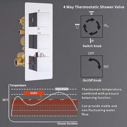 Thermostatic Shower System Chrome Shower Faucet Set, Four Modes Shower Faucet with 4 PCS Body Jet, Handheld Spray, 2 Rainfall Shower Head(12+8“)