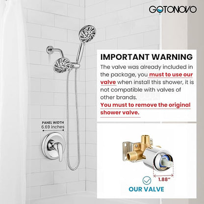 gotonovo Dual 2 in 1 Shower Head Kit High Pressure Combo System Shower Faucet 6 Modes ABS Handheld Spray Shower Trim Kit with Valve Shower Head and Handle Set Polished Chrome