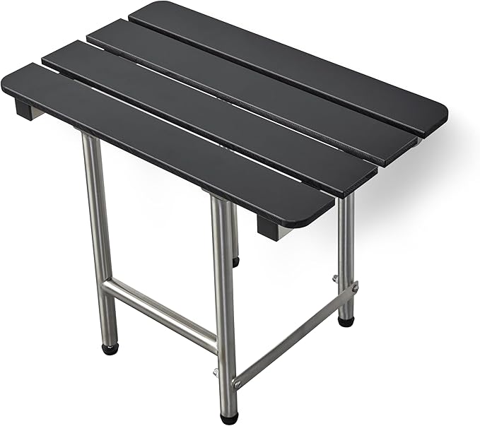 32-inch x 15-inch ADA Bariatric Folding Wall Mount Bathroom Shower Seat Bench with Legs, Black Slatted Phenolic Seat