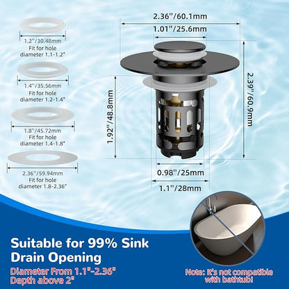 Hibbent 2 Pack 3 in 1 Bathroom Sink Drain Strainer, Universal Pop Up Stopper with Removable Stainless Steel Filter Basket Hair Catcher, Sink Plug for 1.1''~2.36'' Basin, Brass Bullet Core, Grey