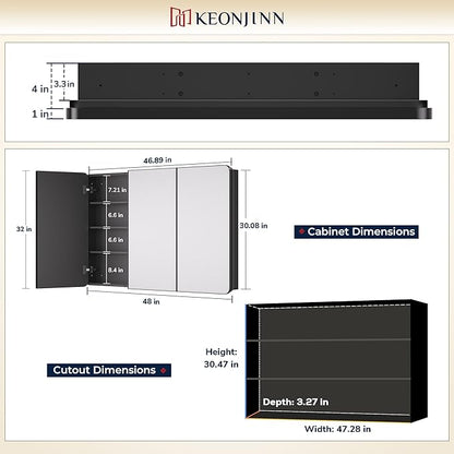 Keonjinn 48 x 32 Inch Large Black Medicine Cabinets, Recessed Bathroom Medicine Cabinet, Black Stainless Steel Framed, Sturdy & Heavy, Adjustable Shelves, Oversized Bathroom Mirror with Storage