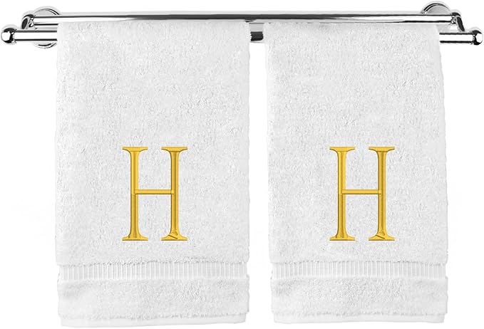 Monogrammed Hand Towel, Personalized Initial Gift, Extra Absorbent 100% Turkish Cotton - Soft Terry Finish - Set of 2 - Gold Block Initial H - Embroidered on White Towels