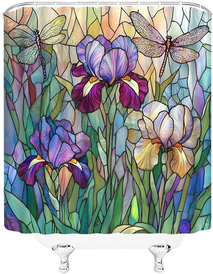 Stained Glass Shower Curtain Artistic Iris Dragonfly Purple Floral Green Leaves Abstract Nature Plant Spring Summer Modern Botanical Fabric Bathroom Decor Curtains with Hooks,70 x 82