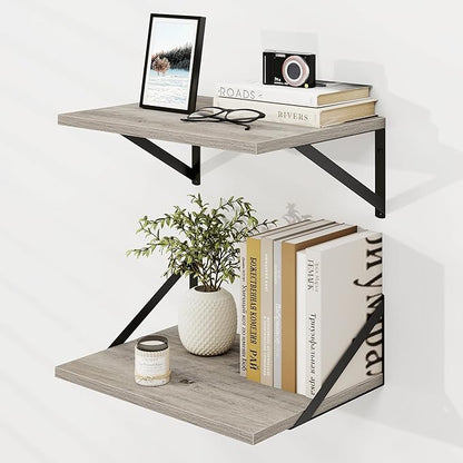 Dreamland Grey Floating Shelves for Wall, Brown Wood Wall Mounted Shelves, Large Floating Shelf 12 * 16 inch Set of 2 for Bookshelf Living Room Bedroom Home Office Bathroom
