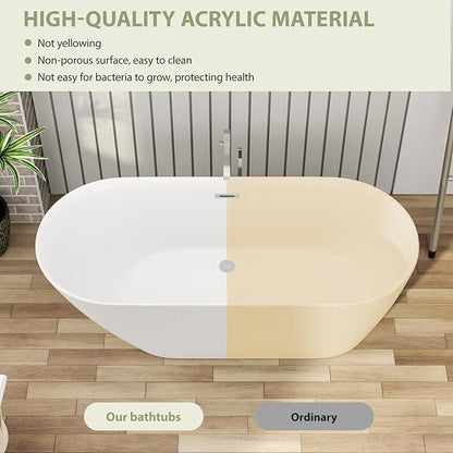 Mocoloo 67" Acrylic Freestanding Bathtub Contemporary Soaking White Bath Tub with Gold Overflow and Drain