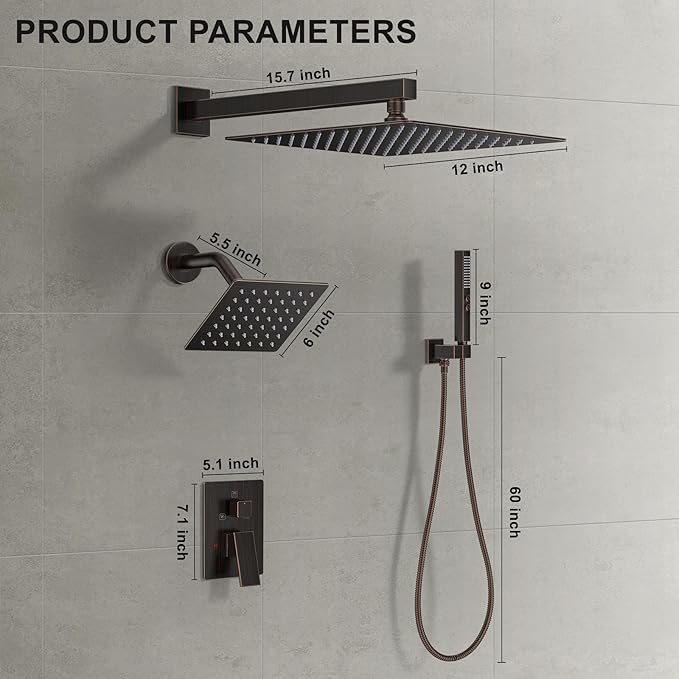 Shower Faucet Set, Wall Mount Shower System 12 and 6 Inch Dual Shower Head Set with 2 in 1 Handheld Spray Rain Shower Faucet with Rough-in Valve and Shower Trim Kit, Oil Rubbed Bronze