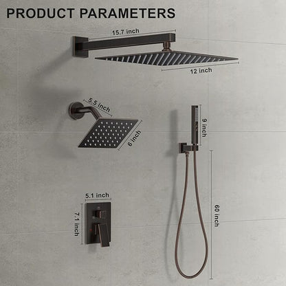 Shower Faucet Set, Wall Mount Shower System 12 and 6 Inch Dual Shower Head Set with 2 in 1 Handheld Spray Rain Shower Faucet with Rough-in Valve and Shower Trim Kit, Oil Rubbed Bronze