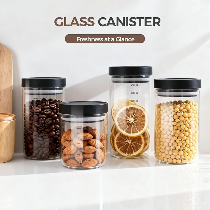 Danbark Set of 4 30oz Airtight Glass Storage Canisters with Lids - Pantry Organizers and Storage Glass for Kitchen - for Pantry, Flour, Sugar, Coffee, Tea, Pasta, Rice, and Snacks - Black